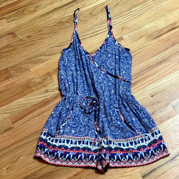 French Connection Blue Aztec Tie Waist Romper - Picture 2 of 8